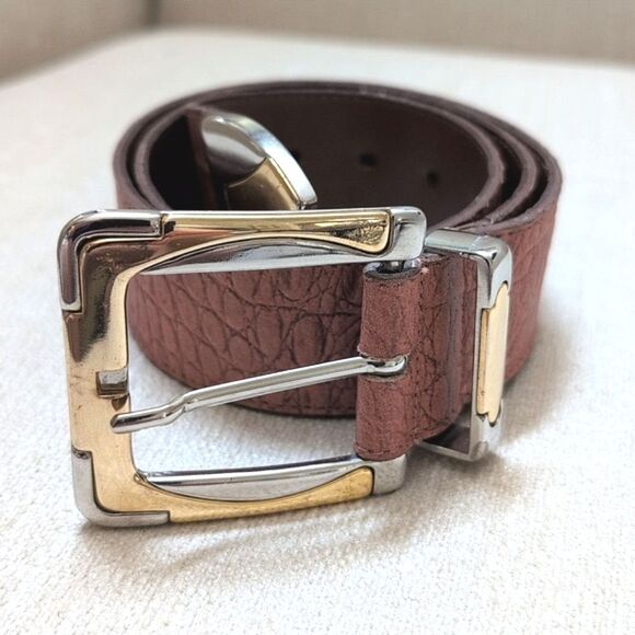 Genuine Leather Croc Embossed Brown Belt Gold & Silver Buckle and Tip Vintage - Picture 11 of 11